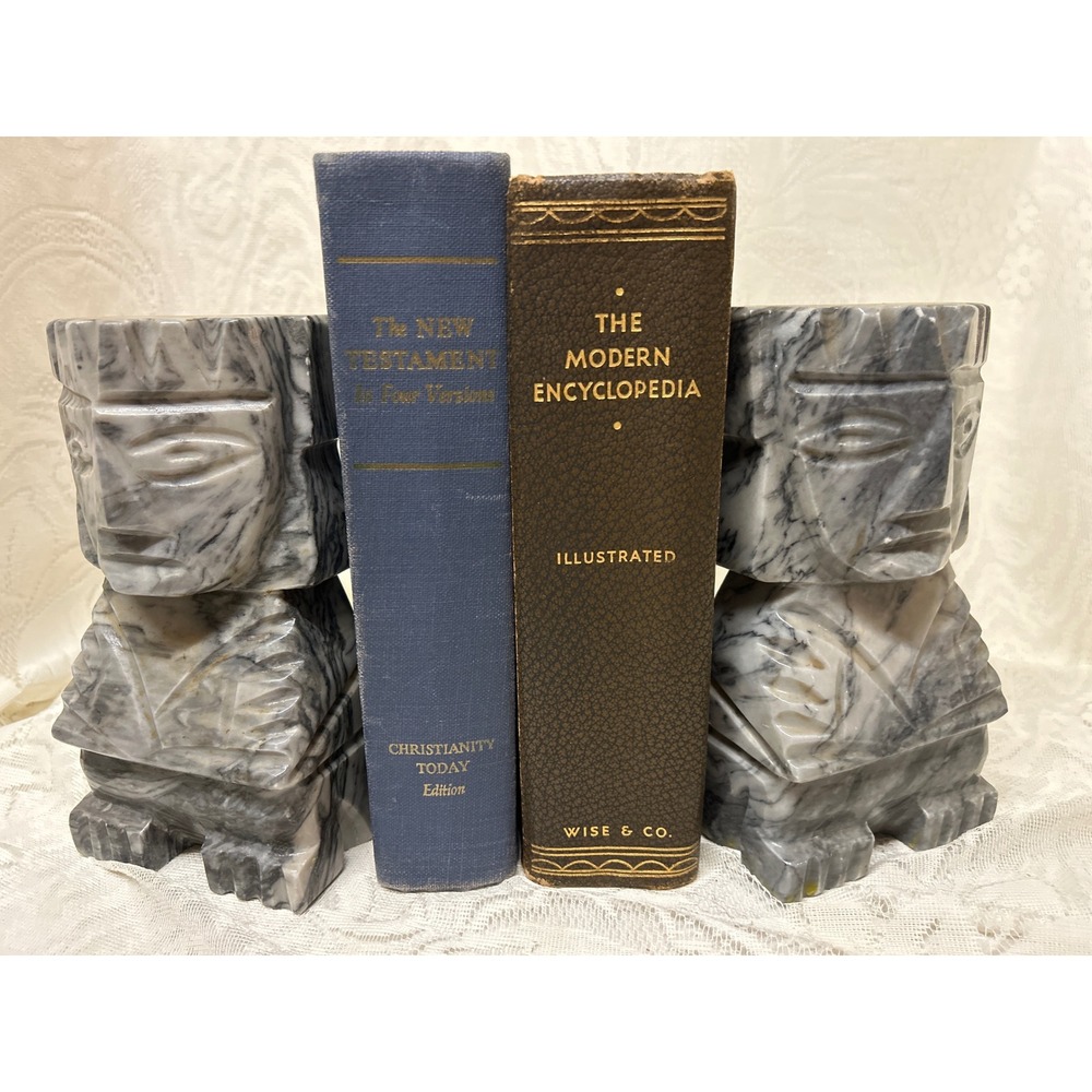 Vintage‎ Aztec Mayan Warrior Head Marble Bookends, Made in Mexico, Tiki Heavy